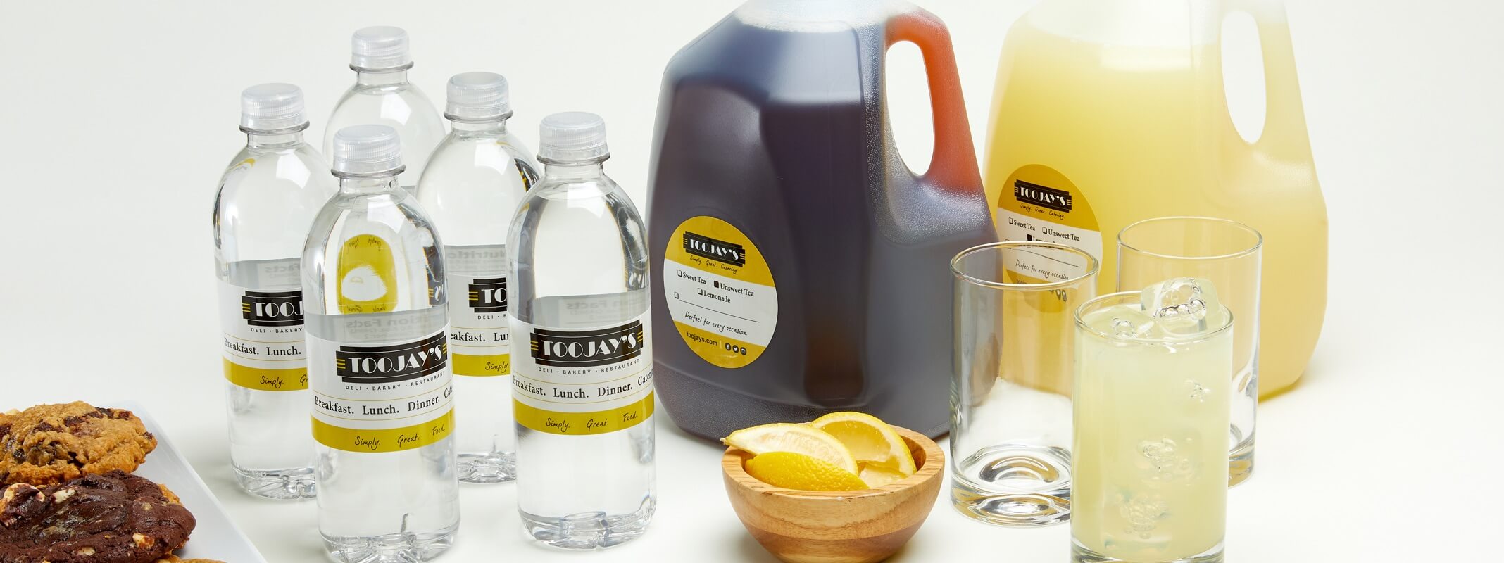 Breakfast beverages including tea, water, lemonade
