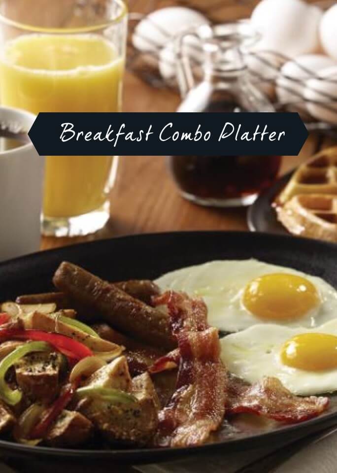 Breakfast combo plattter - Belgian Waffle, two eggs any style, country style sausage and strips of smokehouse bacon.