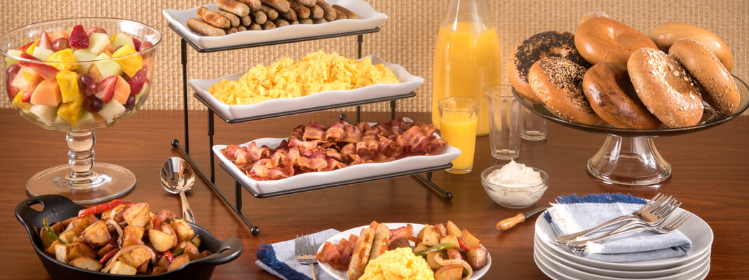 All Day Meeting Breakfast including eggs, potatoes, fruit, and bagels