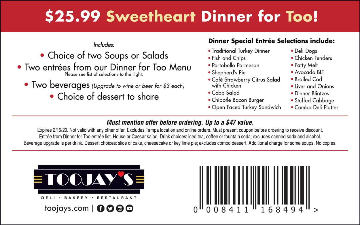 Dinner For Too 25 99 TooJay s Deli Bakery Restaurant