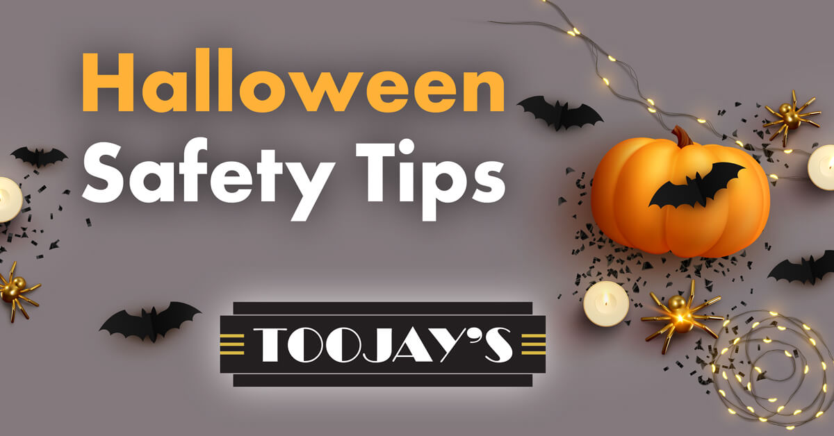 Halloween Safety Tips with pumpkin bats and toojay's logo