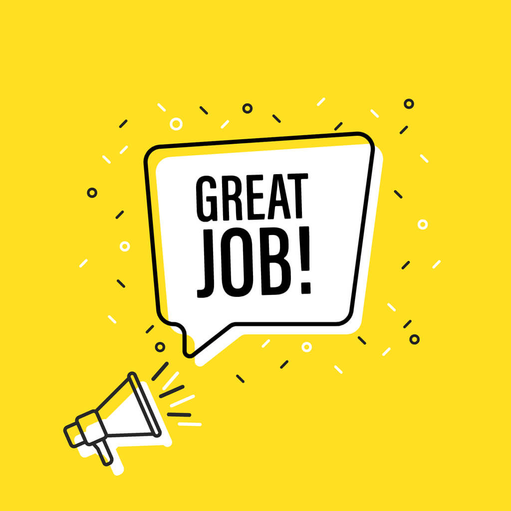 Graphic of megaphone shouting “Great Job!” on a yellow background for employee appreciation day.