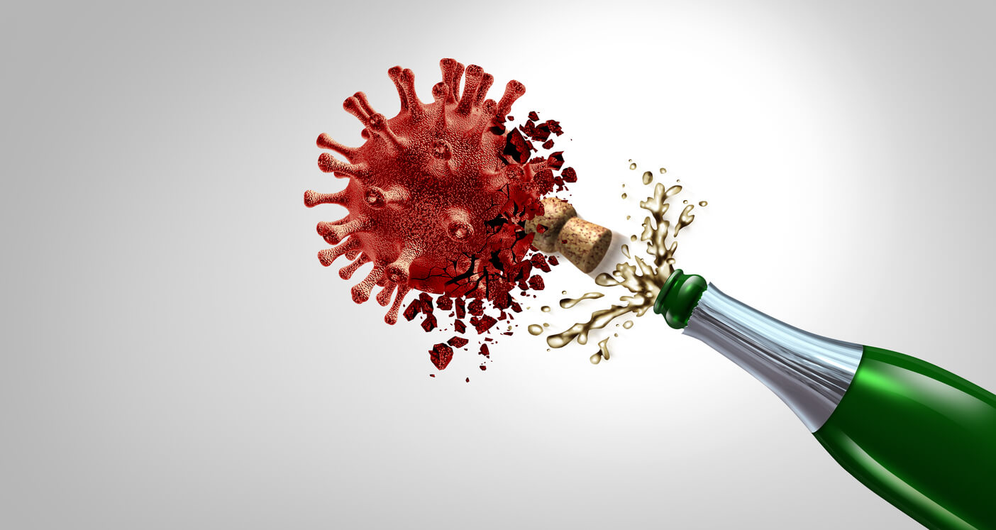 Champagne bottle blasting off its top and COVID-19 virus in celebration of a vaccination party