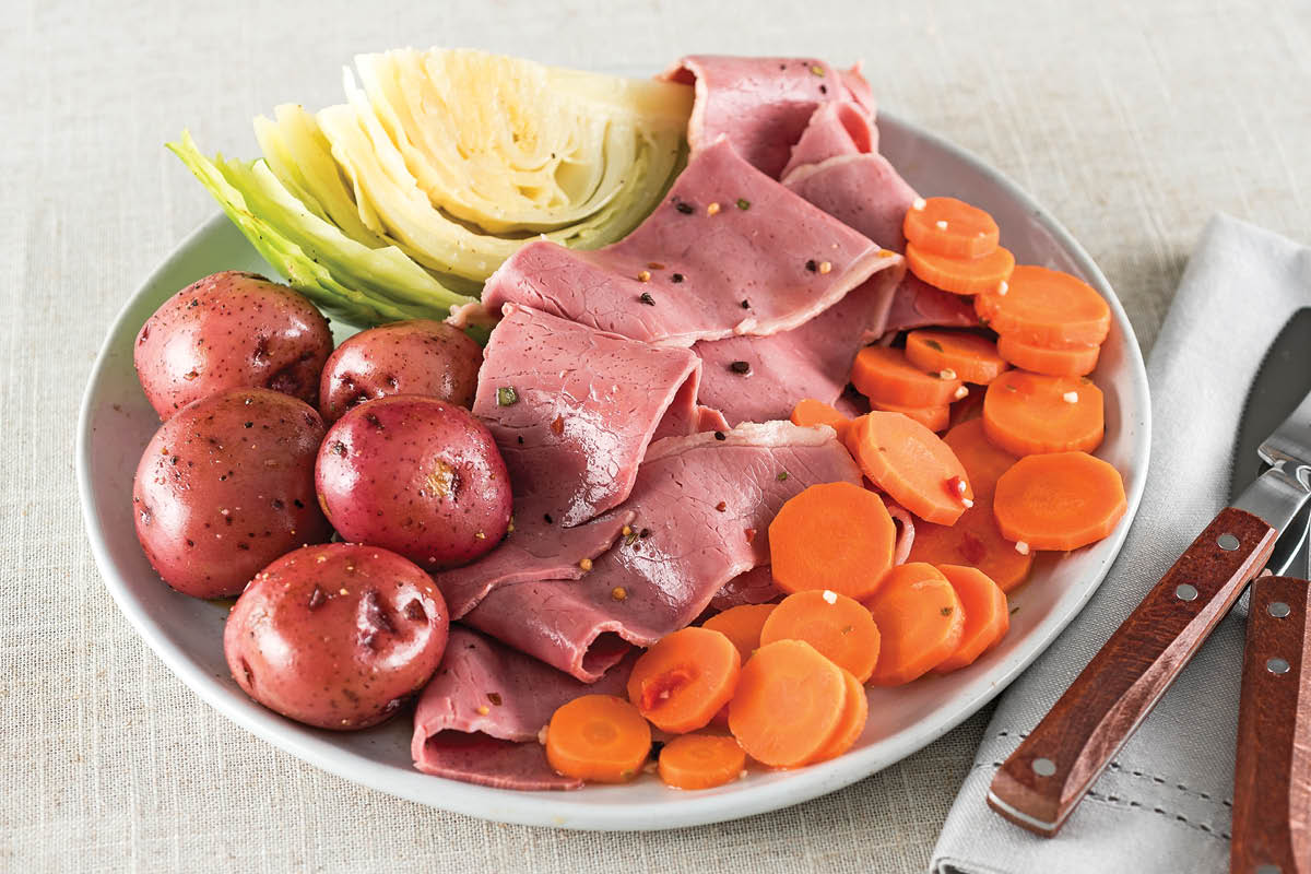 Corned beef with cabbage, red potatoes, and carrots