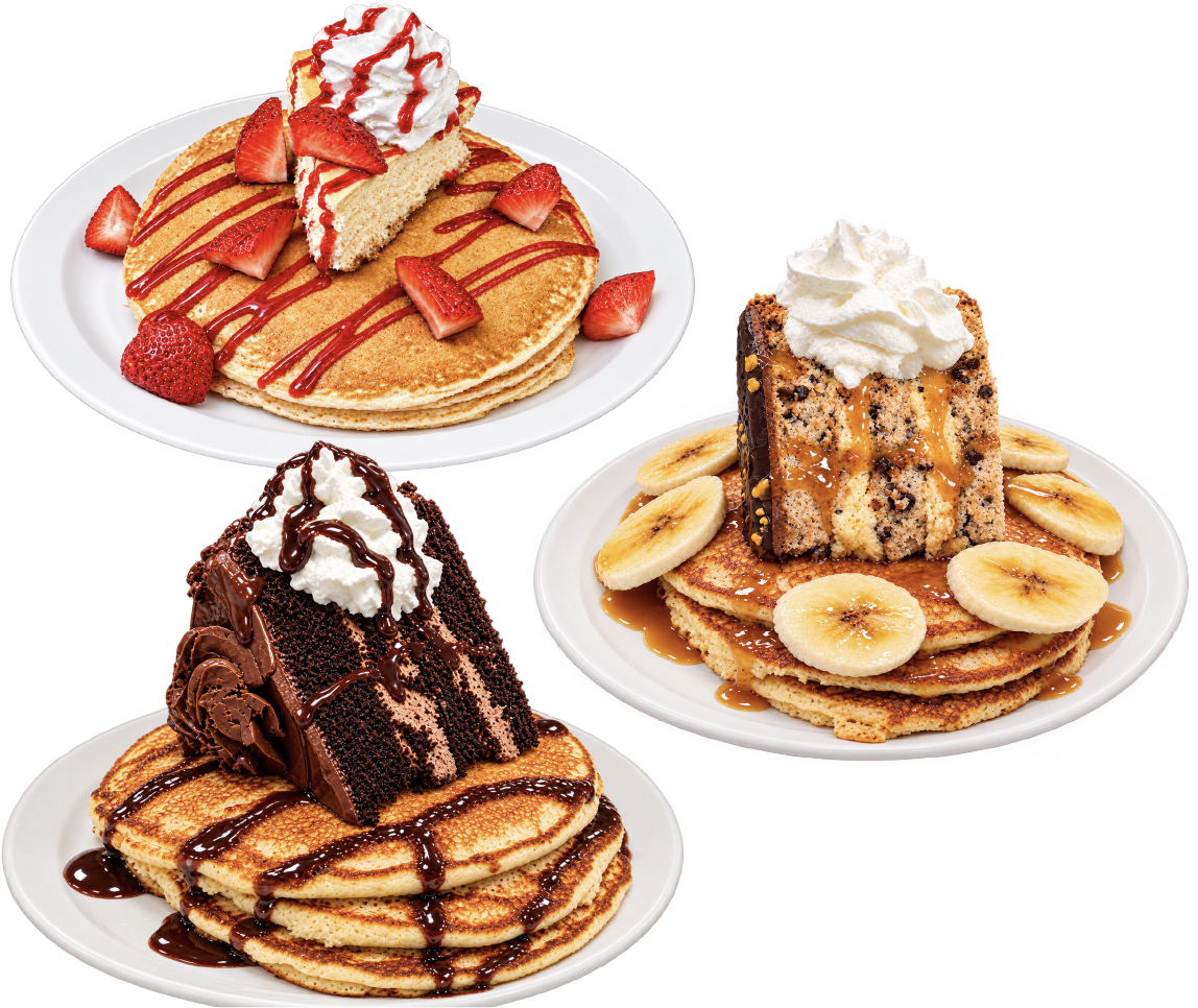 TooJay's Strawberry Cheesecake Pancakes, Chocolate Layer Pancakes, and Banana Dream Pancakes.