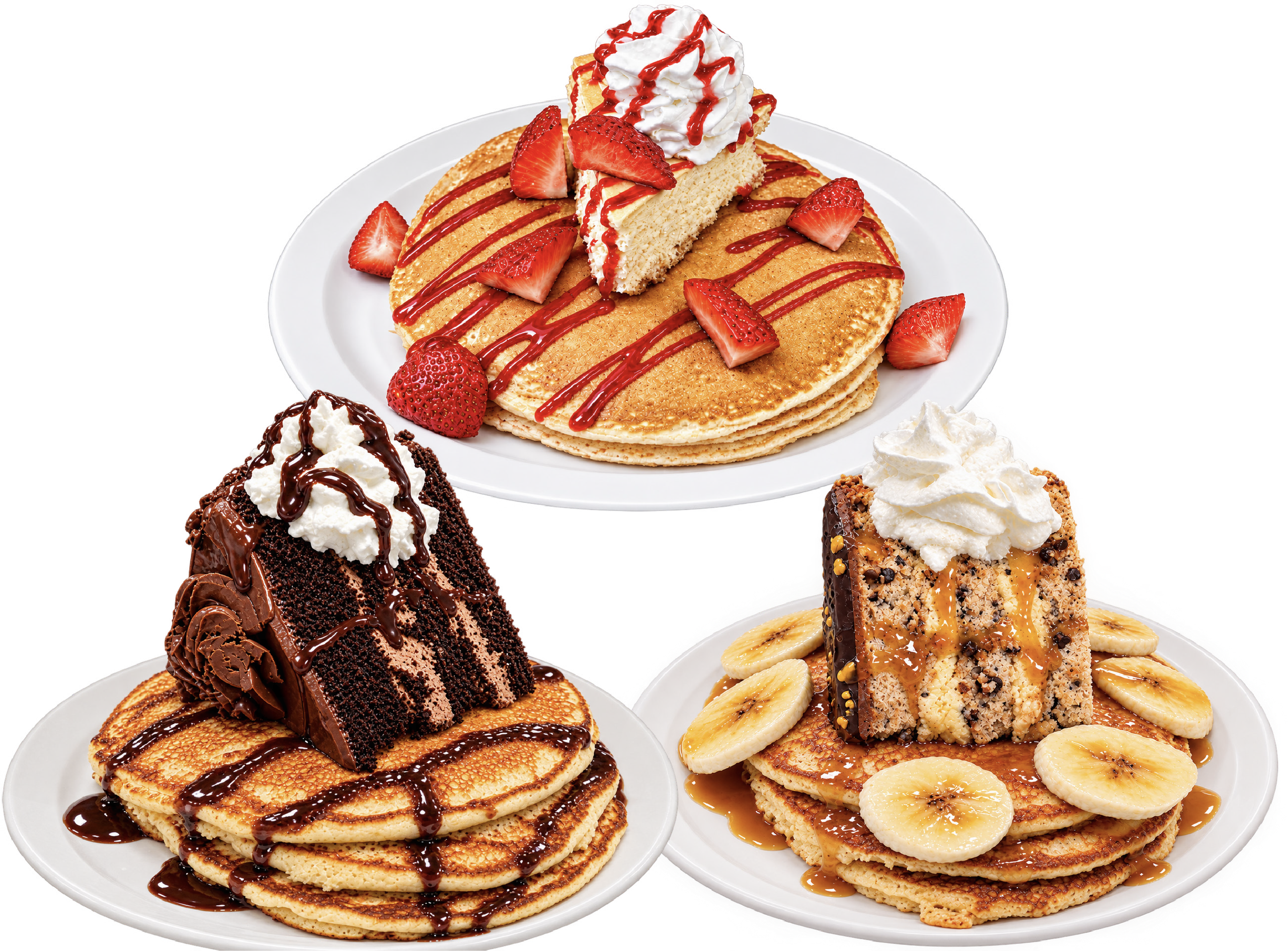 TooJay's Strawberry Cheesecake Pancakes, Chocolate Layer Pancakes, and Banana Dream Pancakes.
